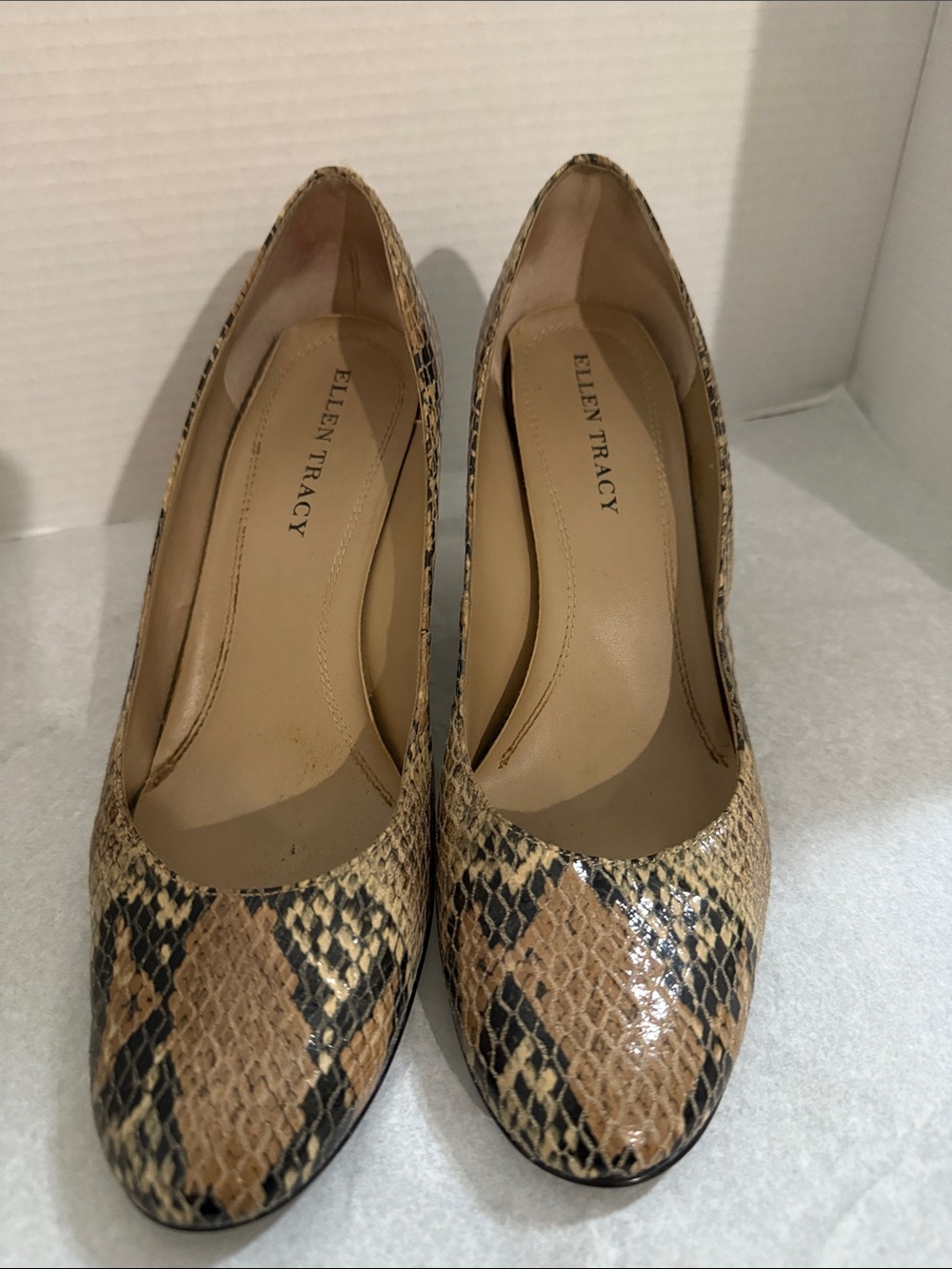 Ellen Tracy Snake-Print Pointed Toe Pumps in Tan and Black